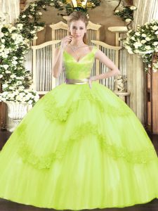 Affordable Sleeveless Tulle Floor Length Zipper Quinceanera Dresses in Yellow Green with Beading and Appliques