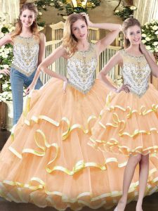 Attractive Peach Ball Gown Prom Dress Military Ball and Sweet 16 and Quinceanera with Beading and Ruffled Layers Scoop Sleeveless Zipper