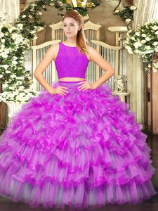 Deluxe Fuchsia Scoop Neckline Ruffled Layers Ball Gown Prom Dress Sleeveless Zipper