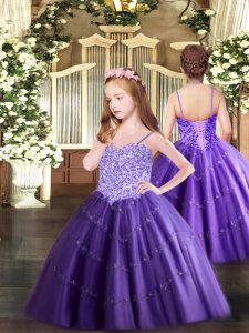 Floor Length Lace Up Pageant Gowns Purple for Party and Quinceanera with Appliques