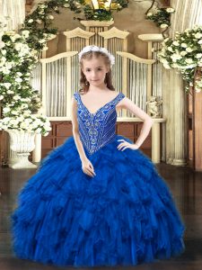 Royal Blue Sleeveless Beading and Ruffles Floor Length Little Girl Pageant Gowns