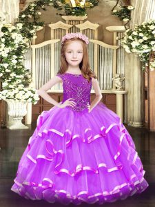 Hot Sale Sleeveless Floor Length Beading and Ruffled Layers Zipper Pageant Dress for Teens with Lavender