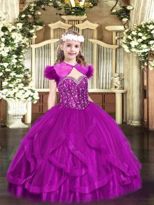 Perfect Fuchsia Tulle Lace Up Pageant Gowns For Girls Sleeveless Floor Length Beading and Ruffles
