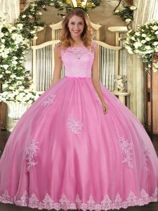 Classical Rose Pink Ball Gowns Scoop Sleeveless Tulle Floor Length Clasp Handle Lace and Appliques Quince Ball Gowns