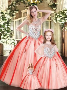 Customized Scoop Sleeveless Lace Up Vestidos de Quinceanera Red Tulle