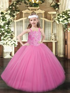 Rose Pink Lace Up Pageant Dress Wholesale Beading Sleeveless Floor Length