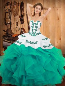 Super Turquoise Sleeveless Satin and Organza Lace Up 15th Birthday Dress for Military Ball and Sweet 16 and Quinceanera