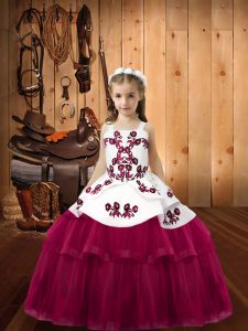 Fuchsia Girls Pageant Dresses Sweet 16 and Quinceanera with Embroidery Straps Sleeveless Lace Up