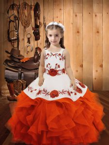 Orange Red Straps Lace Up Embroidery and Ruffles Little Girls Pageant Dress Sleeveless