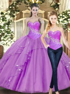 Sexy Lilac Ball Gowns Beading Sweet 16 Dresses Lace Up Tulle Sleeveless Floor Length