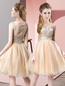 Custom Designed Champagne Sleeveless Beading Knee Length Prom Party Dress