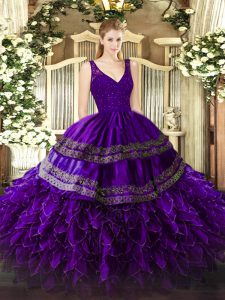 Delicate Beading and Lace and Ruffles Vestidos de Quinceanera Purple Backless Sleeveless Floor Length