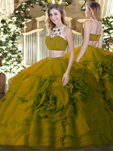 Olive Green Two Pieces Beading and Ruffled Layers Quinceanera Dresses Backless Tulle Sleeveless Floor Length