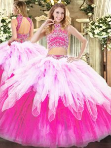Multi-color Backless High-neck Beading and Ruffles Sweet 16 Quinceanera Dress Tulle Sleeveless