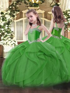 Green Ball Gowns Straps Sleeveless Tulle Floor Length Lace Up Beading and Ruffles Pageant Gowns