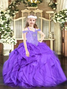 Lavender Lace Up Kids Pageant Dress Beading and Ruffles Sleeveless Floor Length