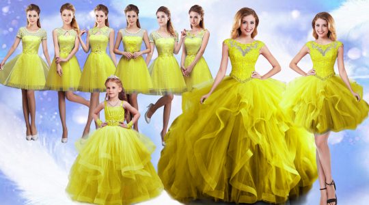 Fitting Beading and Ruffles Sweet 16 Dresses Yellow Lace Up Sleeveless Floor Length