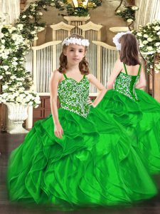 Pretty Green Ball Gowns Beading and Ruffles Pageant Gowns For Girls Lace Up Organza Sleeveless Floor Length