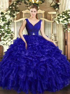 Royal Blue Ball Gowns Organza V-neck Sleeveless Beading and Ruffles Floor Length Backless 15 Quinceanera Dress