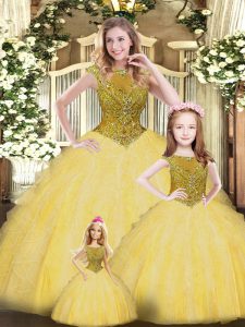 Gold Ball Gowns Beading and Ruffles Sweet 16 Dress Lace Up Organza Sleeveless Floor Length