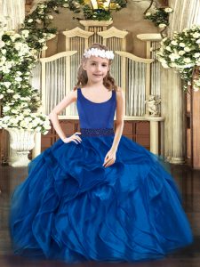 Blue Scoop Neckline Beading and Ruffles Pageant Dress for Teens Sleeveless Zipper