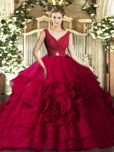 Suitable Ball Gowns Sweet 16 Quinceanera Dress Coral Red V-neck Organza Sleeveless Floor Length Backless