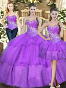 Floor Length Lace Up Quinceanera Dress Eggplant Purple for Military Ball and Sweet 16 and Quinceanera with Beading and Ruffled Layers