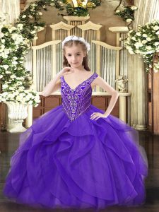 Floor Length Eggplant Purple Winning Pageant Gowns V-neck Sleeveless Zipper