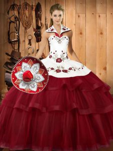 Excellent Wine Red Ball Gowns Halter Top Sleeveless Satin and Organza With Train Sweep Train Lace Up Embroidery and Ruffled Layers Quinceanera Dresses