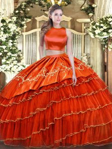 Fantastic Orange Red Sleeveless Floor Length Embroidery and Ruffled Layers Criss Cross Sweet 16 Quinceanera Dress