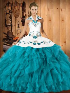 Top Selling Sleeveless Lace Up Floor Length Embroidery and Ruffles Sweet 16 Dresses