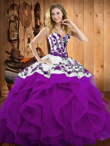Eggplant Purple Ball Gowns Embroidery and Ruffles Quinceanera Dress Lace Up Satin and Organza Sleeveless Floor Length