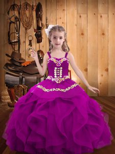 Fuchsia Ball Gowns Straps Sleeveless Organza Floor Length Lace Up Embroidery and Ruffles Kids Pageant Dress