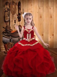 Floor Length Wine Red Little Girls Pageant Dress Straps Sleeveless Lace Up