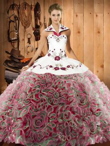 Multi-color Halter Top Neckline Embroidery Vestidos de Quinceanera Sleeveless Lace Up