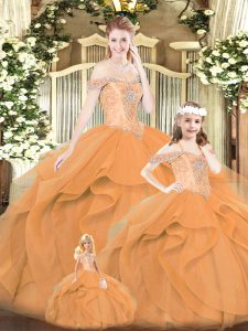 Custom Made Orange Red Tulle Lace Up Off The Shoulder Sleeveless Floor Length Quinceanera Dresses Beading and Ruffles