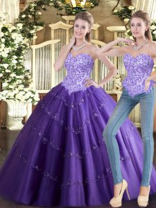 Purple Lace Up Quinceanera Dress Beading Sleeveless Floor Length