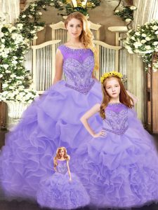 Comfortable Floor Length Lace Up 15 Quinceanera Dress Lavender for Military Ball and Sweet 16 and Quinceanera with Ruffles