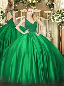 Dark Green Ball Gowns Beading and Lace Sweet 16 Quinceanera Dress Backless Satin Sleeveless Floor Length