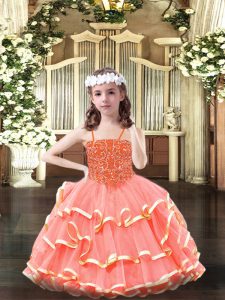 Watermelon Red Organza Lace Up Scoop Sleeveless Floor Length Kids Formal Wear Beading and Ruffled Layers