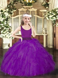 Great Purple Ball Gowns Beading Kids Pageant Dress Zipper Tulle Sleeveless Floor Length
