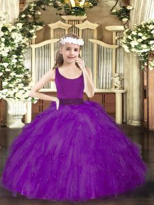 Great Purple Ball Gowns Beading Kids Pageant Dress Zipper Tulle Sleeveless Floor Length