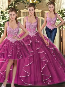 Nice Fuchsia Lace Up Straps Beading and Ruffles Quinceanera Dress Tulle Sleeveless