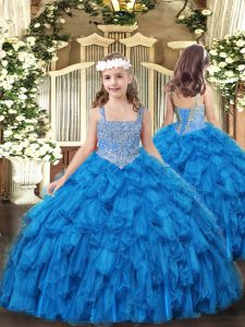 Pretty Baby Blue Ball Gowns Beading and Ruffles Pageant Dress for Teens Lace Up Tulle Sleeveless Floor Length