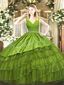 Custom Fit Olive Green Satin and Organza Zipper 15 Quinceanera Dress Sleeveless Floor Length Embroidery and Ruffled Layers