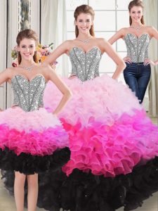 Beauteous Sleeveless Floor Length Beading and Ruffles Lace Up 15 Quinceanera Dress with Multi-color