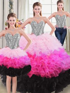 Beauteous Sleeveless Floor Length Beading and Ruffles Lace Up 15 Quinceanera Dress with Multi-color