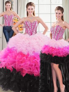 Most Popular Sweetheart Sleeveless Quinceanera Gown Floor Length Beading and Ruffles Multi-color Organza