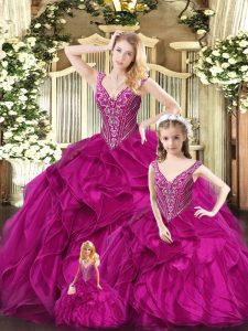 Straps Sleeveless Lace Up Quinceanera Gown Fuchsia Organza