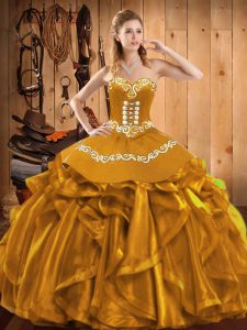 Dazzling Sleeveless Floor Length Embroidery and Ruffles Lace Up Sweet 16 Dresses with Gold